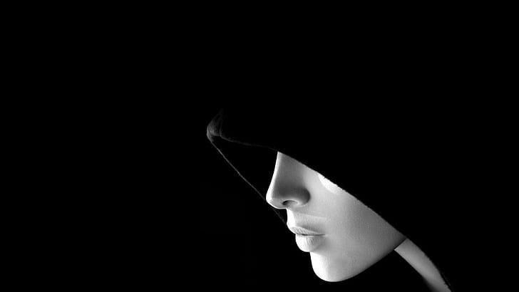 anonymous, hoodie, black hoodie, woman, monochrome, girl, face, hacker, fantasy art, black and white, digital art, HD wallpaper