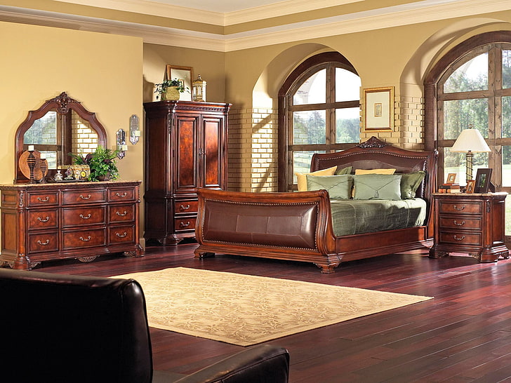 kasur abu-abu dan bingkai tempat tidur kayu coklat, tempat tidur, lemari, karpet, kamar, kenyamanan, Wallpaper HD