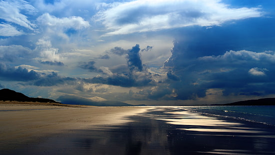 formation de nuages ​​bleus, mer, océan pacifique, montagnes, soirée, nuages, ciel, plage, reflet, nature, paysage, photographie, Fond d'écran HD HD wallpaper