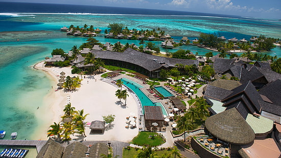 въздушен изглед на океанския курорт, InterContinental Moorea Resort, най-добрите плажове в света, туризъм, пътуване, курорт, ваканция, басейн, плаж, HD тапет HD wallpaper