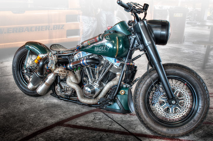 green Harley-Davidson motorcycle, design, style, background, HDR, motorcycle, form, bike, Harley-Davidson, dragster, HD wallpaper