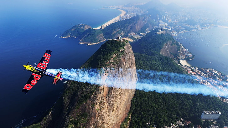 black and red Red Bull plane, landscape, Red Bull, airplane, contrails, Rio de Janeiro, HD wallpaper