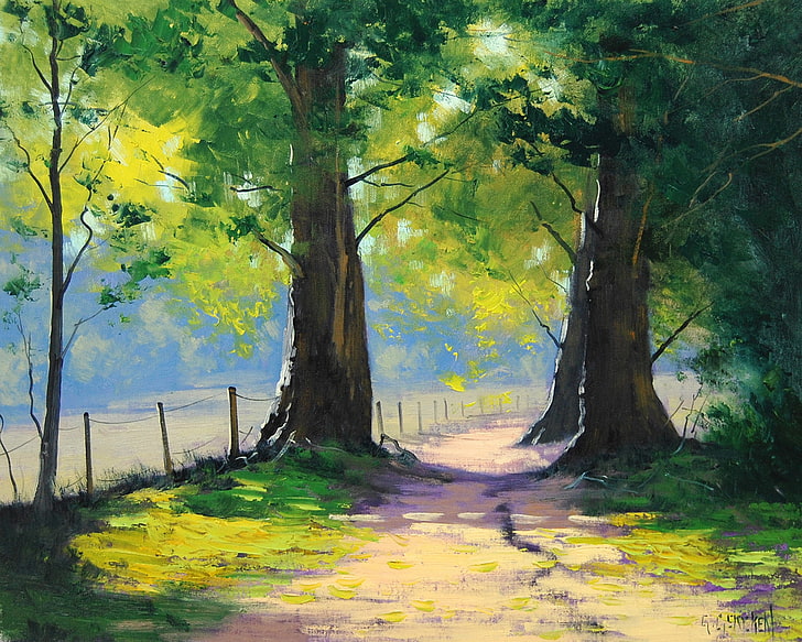brown trees painting, road, greens, summer, trees, the fence, art, artsaus, HD wallpaper