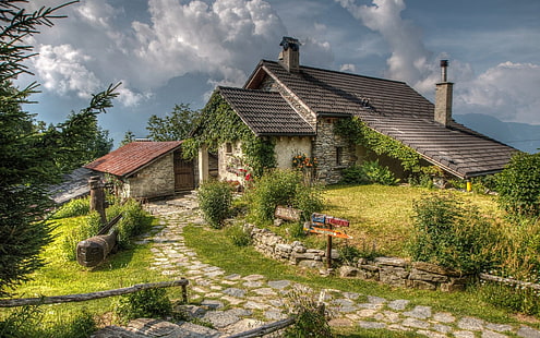 空、家、イタリア、石造りの家、木、雲、 HDデスクトップの壁紙 HD wallpaper