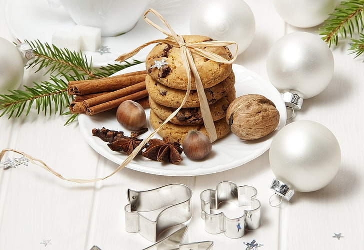 chocolate cookies, pastry, plate, christmas, delicious, sweet, HD wallpaper