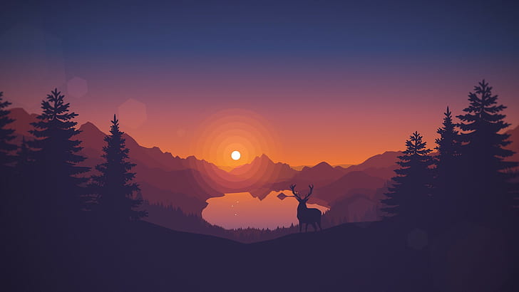 disegno cervi opere d'arte silhouette paesaggio natura arte digitale alberi alberi di pino tramonto lago collina animali vettori colori caldi, Sfondo HD