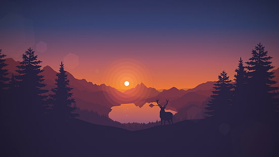 dibujo ciervos obra de arte silueta paisaje naturaleza arte digital árboles pinos puesta de sol lago colina animales vectores colores cálidos, Fondo de pantalla HD HD wallpaper