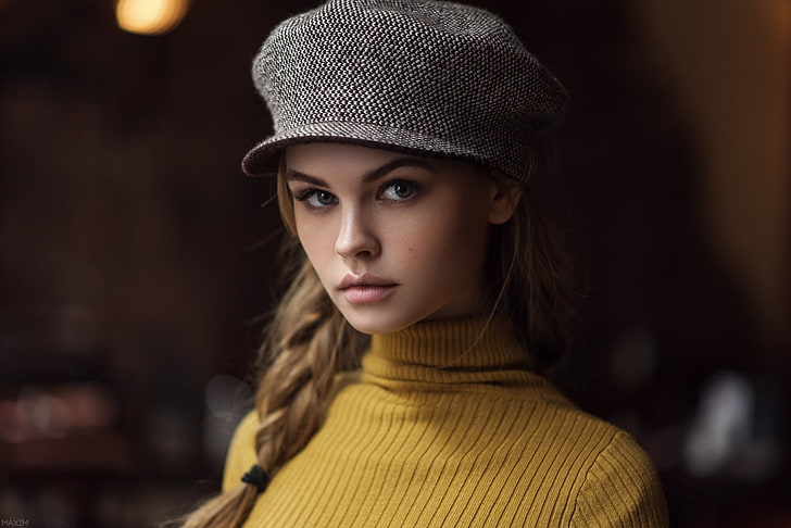 Anastasia Scheglova, tranças, loira, mulheres, modelo, retrato, Maxim Guselnikov, gola alta, olhos verdes, HD papel de parede