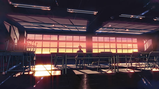 carta da parati anime camera grigia, scuola, aula, anime, 5 centimetri al secondo, tramonto, luce solare, scrivania, solo, Makoto Shinkai, Sfondo HD HD wallpaper