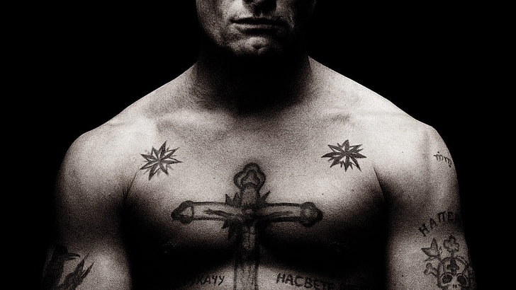 black cross tattoo, Mafia, tattoo, muscles, Russian, prison, men, Viggo Mortensen, HD wallpaper