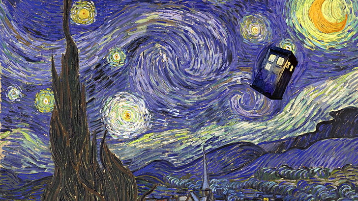 Звездна нощ от Винсент Ван Гог, Доктор Кой, TARDIS, HD тапет