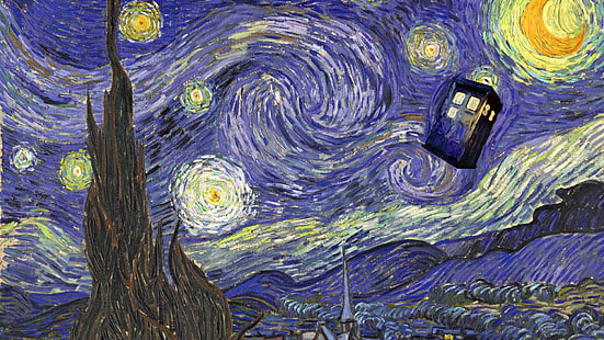 Starry Night by Vincent Van Gogh, Doctor Who, TARDIS, HD wallpaper HD wallpaper