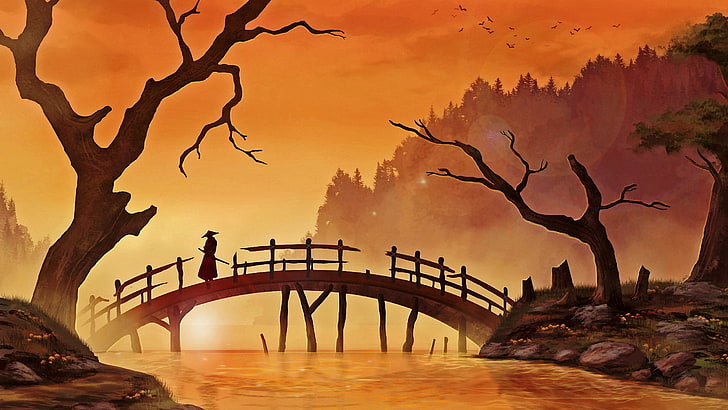 siluet orang di atas jembatan, siluet samurai pada ilustrasi jembatan, seni digital, alam, pohon, hutan, lukisan, Jepang, kayu, air, sungai, rumput, sinar matahari, samurai, pria, bayangan hitam, burung, bukit, katana, Wallpaper HD