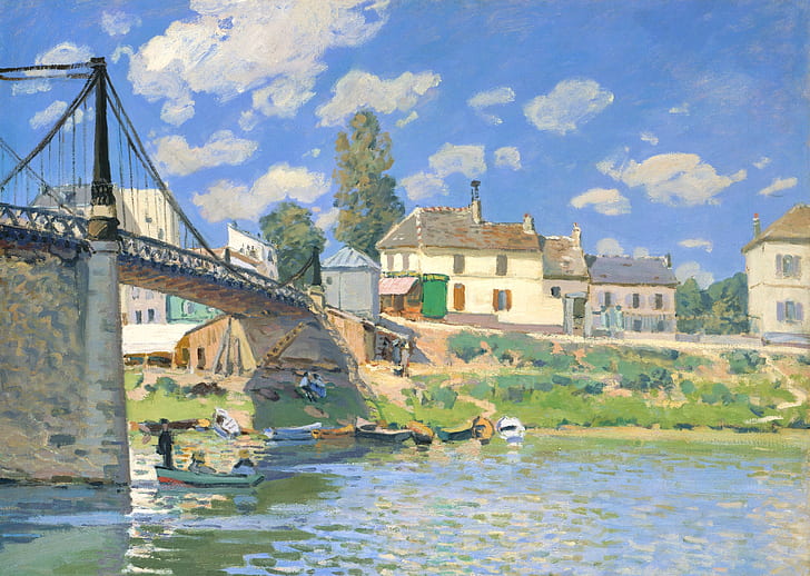 пейзаж, река, дома, картина, лодки, Мост в Вильнёв-Ла-Гарен, Альфред Сислей, HD обои