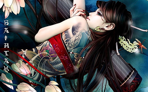 black haired anime character with tattoo wallpaper, asian, babes, fantasy, females, girls, online, oriental, tattoo, women, HD wallpaper HD wallpaper