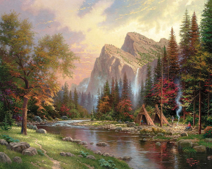 zwei braune Schuppen neben Fluss umgeben von Bäumen Malerei, Berge, Fluss, Rauch, Wasserfall, das Feuer, Malerei, Thomas Kinkade, Jurte, die Hütte, Die Berge erklären seinen Ruhm, HD-Hintergrundbild