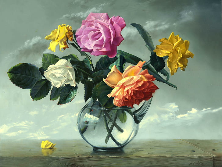 Oeuvre de fleur, bouquet, pétale, vase, fleur, nature, rose, peinture, nature et paysages, Fond d'écran HD