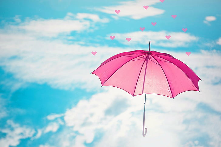 ? Любов във въздуха?, Розов чадър и сърце декор и бели облаци и синьо небе плакат, чадър, фотография, любов, слънчева светлина, сърца, розови, облаци, красива, HD тапет