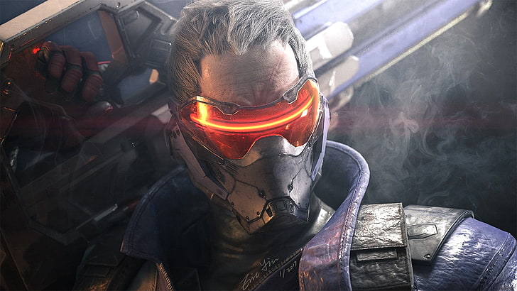 мъж с илюстрация на характер на оранжева и сива маска, Soldier 76 (Overwatch), Overwatch, 3D, render, HD тапет