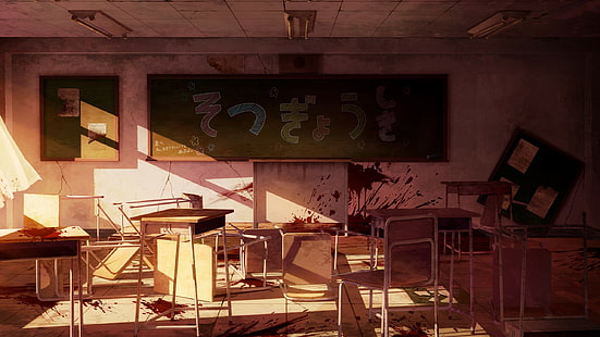 sunlight, anime, dark, classroom, Gakkou Gurashi!, chair, blood, indoors, HD wallpaper HD wallpaper