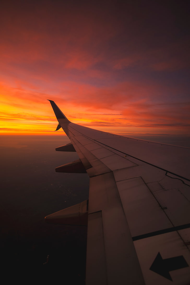 gray airplane wing, wing aircraft, flight, sky, sunset, HD wallpaper