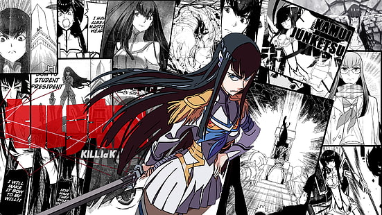 anime, gadis anime, kulit putih, rambut hitam, manga, Kill la Kill, Kiryuin Satsuki, gaun putih, pedang, Wallpaper HD HD wallpaper