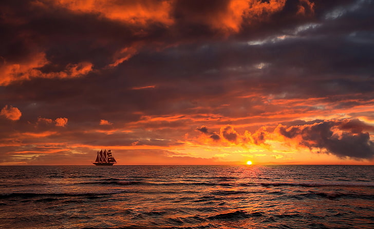 Sailing Ship, Skyline, black sailboat, Nature, Sun and Sky, Ocean, Dark, Ship, Sunset, Clouds, Sailing, Skyline, HD wallpaper