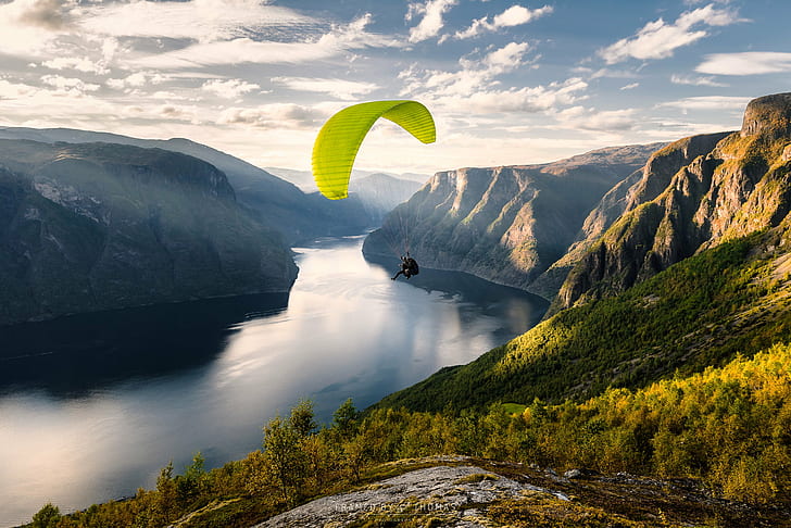 person skydiving, norway, norway, Paraglider, Norway, person, skydiving, activity, adventure, air, aurland, backpacking, blue, clouds, extreme, dom, fun, landscape, lifestyle, man, mountain, nature, outdoor, paraglide, paragliding, sky, speed  sport, travel, view, extreme Sports, sport, outdoors, flying, summer, HD wallpaper