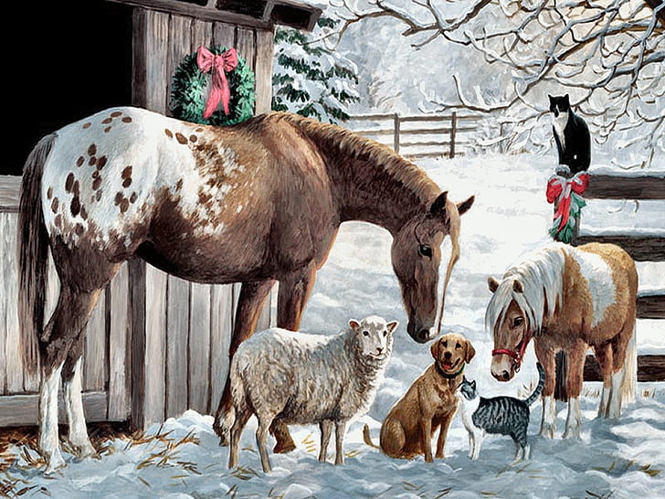 art artwork Pony and Friends - Horse Animals Horses HD Art , art, Christmas, dog, cats, artwork, farm, HD wallpaper