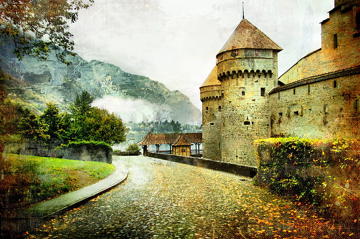 art, artwork, autumn, castle, Fairytale, landscape, Photoshop, road, HD wallpaper
