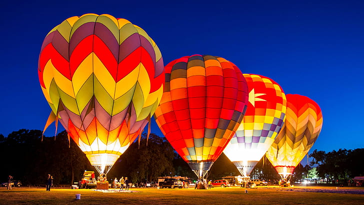hot air balloons, people, night, outdoors, HD wallpaper