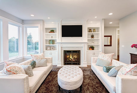 flat screen TV, living room, sofas, furniture, cabinets, interior, HD wallpaper HD wallpaper