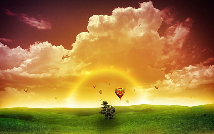 Balão no grafismo do sol, campo de grama verde e árvores verdes com balões de ar quente muito foto balão, pôr do sol, gráfico, nuvem, arco-íris, HD papel de parede
