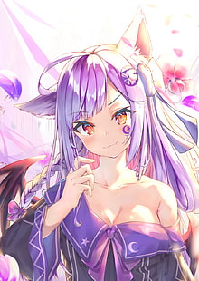 anime, anime girls, neko ears, vertical, portrait display, purple hair, long hair, HD wallpaper HD wallpaper
