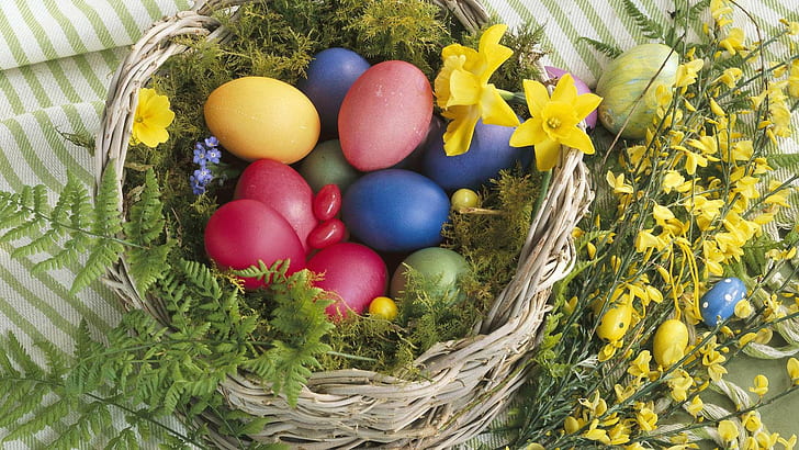 Colorful Nature Easter Basket HD, basket, colorful, easter, eggs, flowers, nature, HD wallpaper