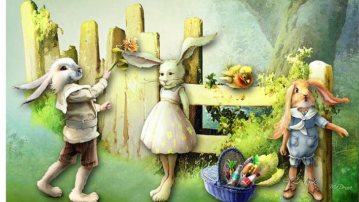Bunny Rabbit Fairy Tale, falsity, mendacity, whimsical, story, fence, fairy tale, bird, flowers, fabrication, tale, rabbits, HD wallpaper
