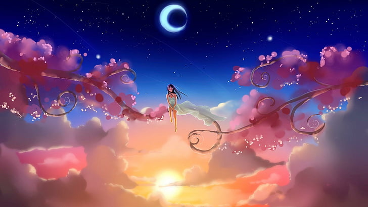 sky, light, dreamworld, dreamland, nigh, moon, cloud, stars, night, graphics, illustration, girl, art, anime girl, anime art, HD wallpaper