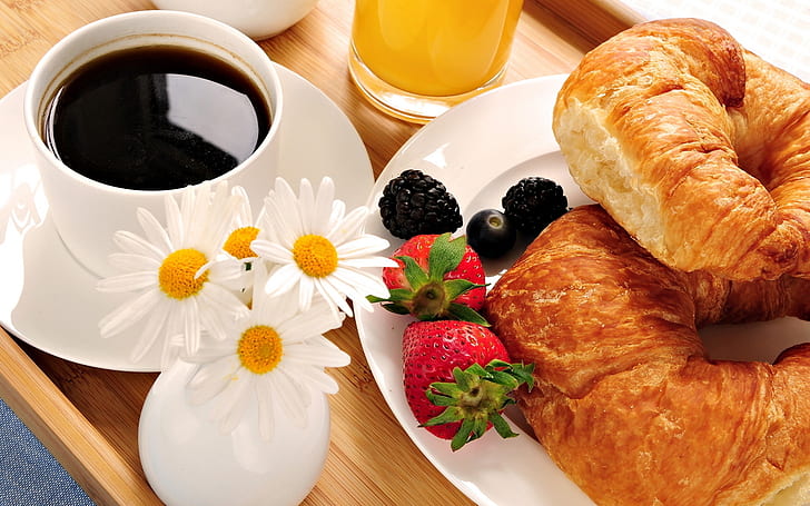 Healthy Breakfast, strawberry, coffee, juice, meal, food, HD wallpaper