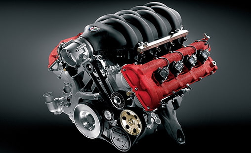 красный и черный двигатель альфа ромео V8, двигатель альфа, ромео, HD обои HD wallpaper