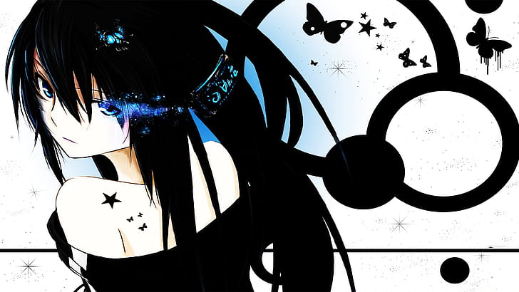 manga, anime girls, anime, cheveux noirs, visage, cheveux noirs, yeux bleus, Fond d'écran HD