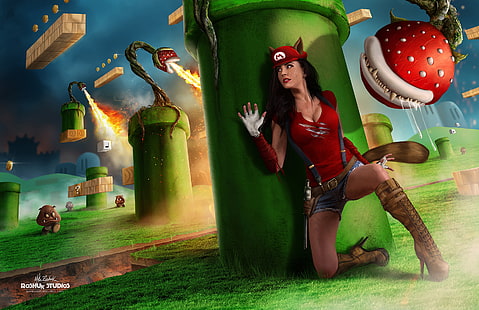 Super Mario, Videospiele, Frauen, Modell, digitale Kunst, 500px, Mike Roshuk, Spaltung, Cosplay, HD-Hintergrundbild HD wallpaper