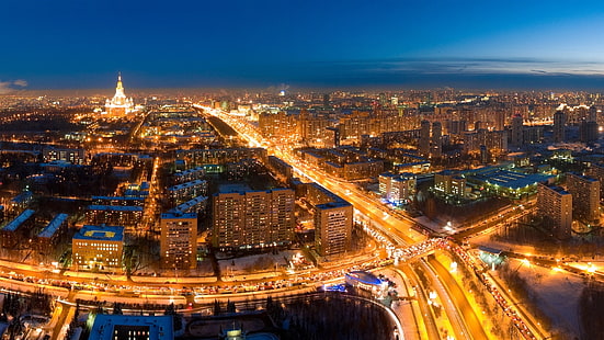 Ville de nuit, lumières, route, Moscou, Russie, Ville, nuit, lumières, route, Moscou, Russie, Fond d'écran HD HD wallpaper
