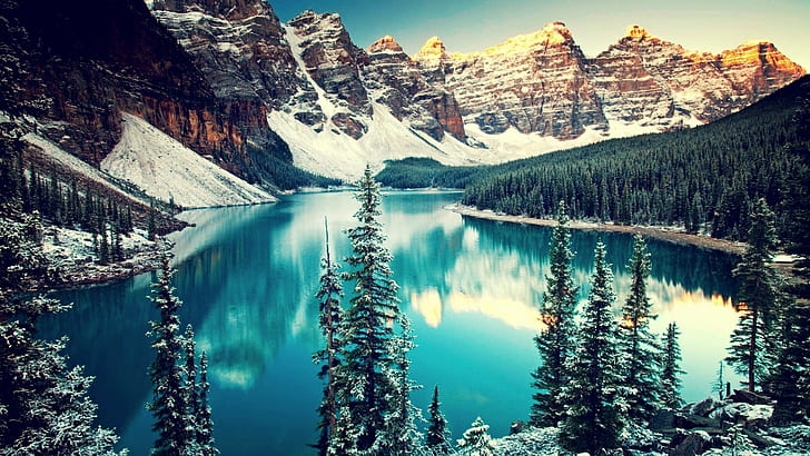 Winter in Canada Moraine Lake HD, canada, lakes, moraine lake, mountains, nature, pine trees, snow, trees, water, winter, HD wallpaper