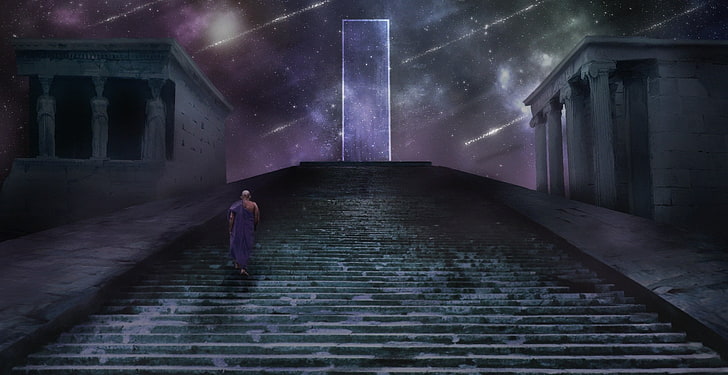 man standing on stair, landscape, environment, concept art, path, Photoshop, painting, drawing, Portal , space art, HD wallpaper
