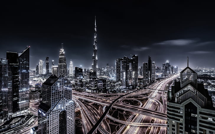 Cities, Dubai, Building, City, Cityscape, Highway, Night, Skyscraper, United Arab Emirates, HD wallpaper