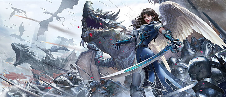 captura de tela do jogo de vídeo, arte da fantasia, magia, guerreiro, espada, dragão, HD papel de parede
