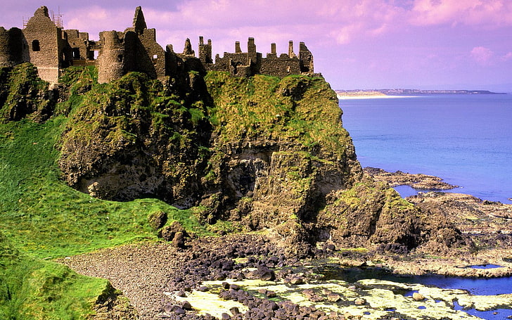 пейзаж, замок, замок Dunluce, руины, Ирландия, природа, скалы, HD обои