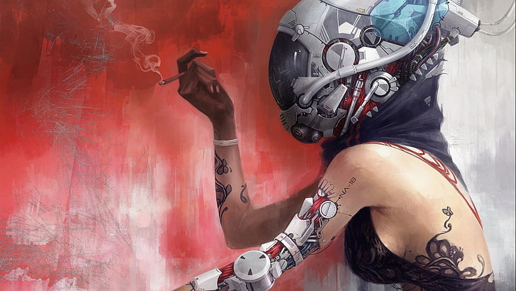 жена, носеща сива илюстрация на каска, жена, носеща каска с ръка на робот, киборг, технология, цигари, голи рамене, лули, жени, татуировка, бионика, меко засенчване, дигитално изкуство, жици, дим, живот, киберпънк, футуристичен, каска, странична бомба измислени герои, HD тапет