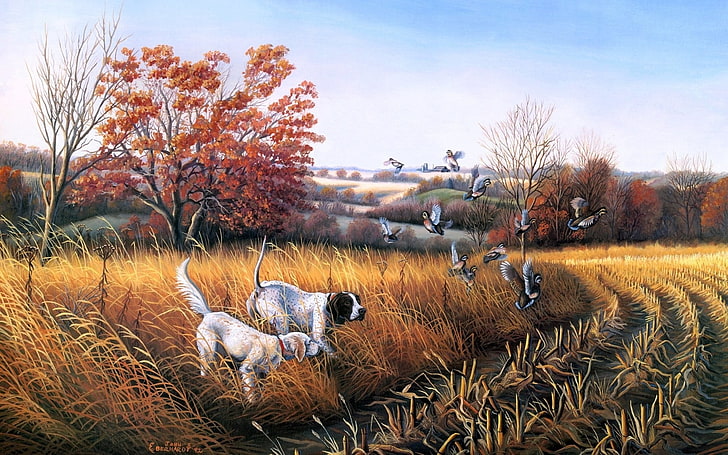 Собаки на траве, живопись, собака, птицы, пейзаж, осень, живопись, Джон С. Эберхардт, HD обои
