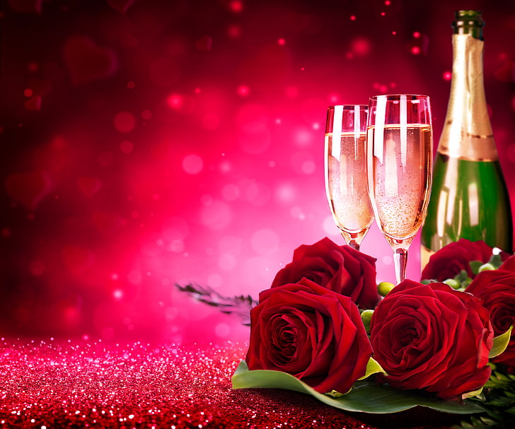 roses and champagne digital wallpaper, flowers, glare, bottle, roses, glasses, red, champagne, HD wallpaper